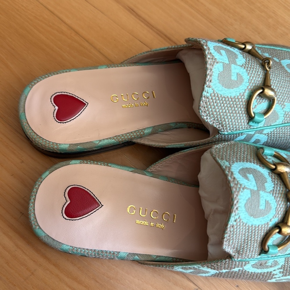 NEW Gucci Princetown Jumbo GG seafoam monogram mules - Picture 6 of 11